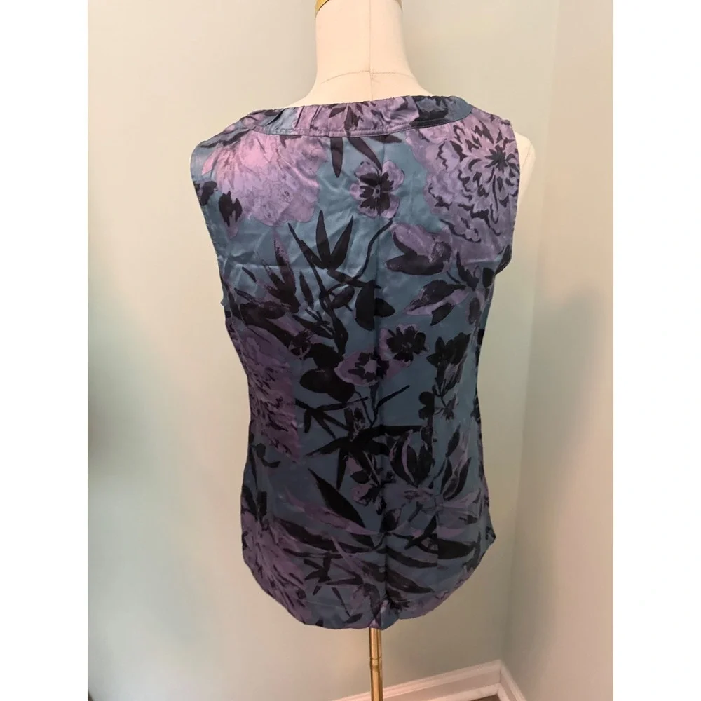 Tory Burch Teal Purple Floral Silk Blend Sleeveless Ruffle‎ Neck Blouse Size 6